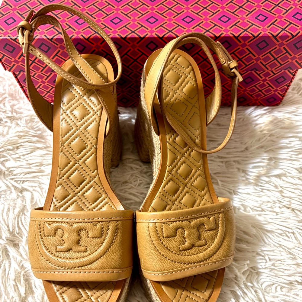 Tory Burch Tan Heels with Intricate Embossed Design